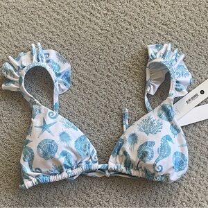 🐚 Aqua Swim Blue Sea Life Triangle Bikini Top Small NWT Ruffle Straps Tie Back